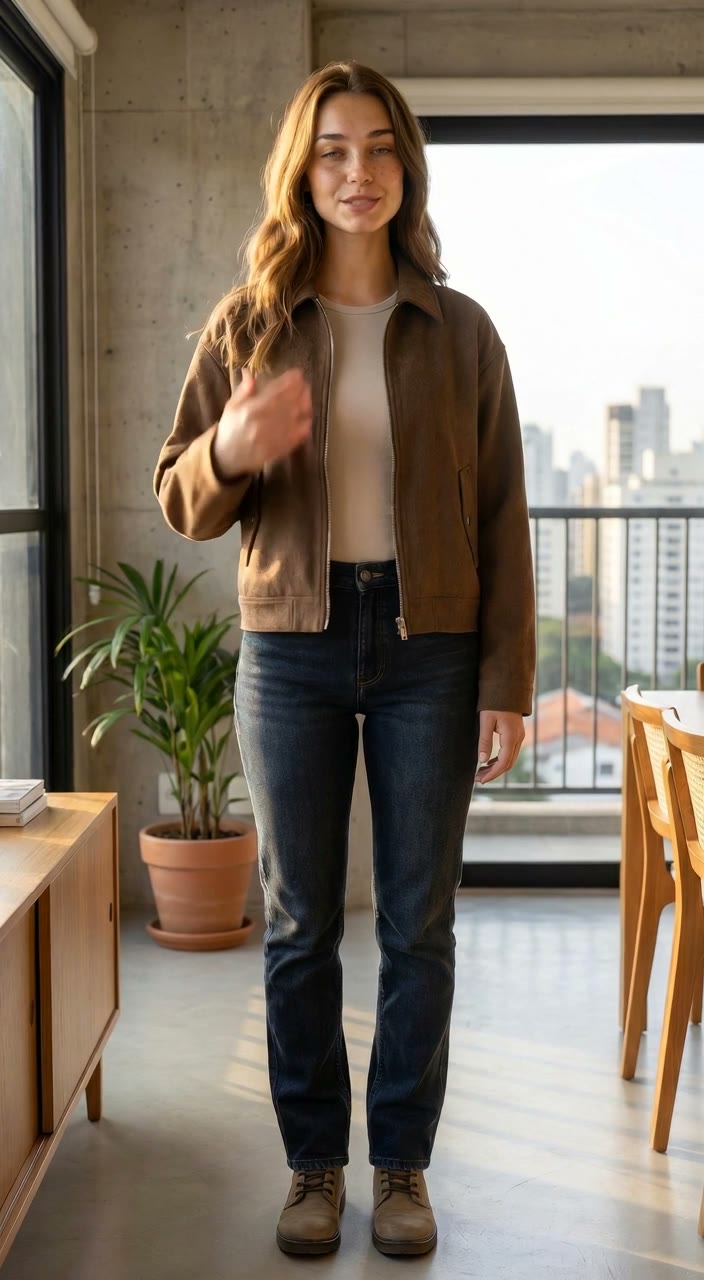 Lara com uma calça jeans de lavagem escura e uniforme, mostrando a linha vertical contínua da cintura ao pé